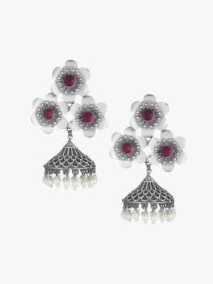 Women oxidised silver-plated flower shape earring 2
