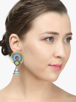 Silver-plated yellow and blue dome shaped jhumkas 2