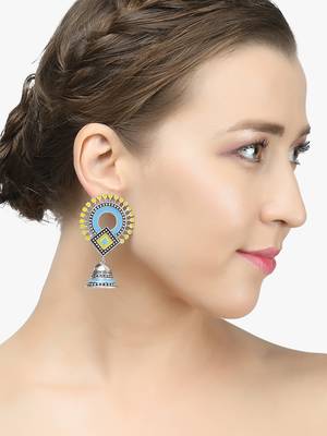 Silver-plated yellow and blue dome shaped jhumkas 4