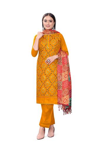 Women's yellow unstitched heavy thread embrodiery mirror work with print dupatta cotton dress material (m-cp9002yellow)
