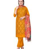 Women's yellow heavy thread embrodiery mirror work with print dupatta cotton dress material