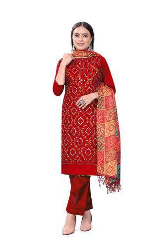 Women's red unstitched heavy thread embrodiery mirror work with  bandhani dupatta cotton dress material (m-cp9002red)