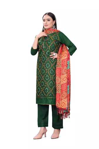 Women's green heavy thread embrodiery mirror work with print dupatta cotton dress material