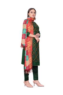 Women's green heavy thread embrodiery mirror work with print dupatta cotton dress material 4
