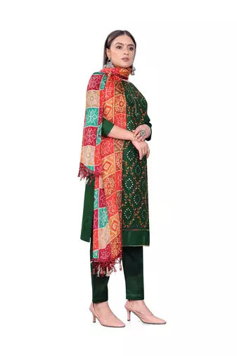 Women's green heavy thread embrodiery mirror work with print dupatta cotton dress material