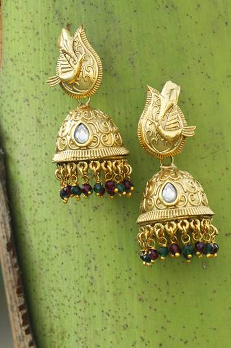 Women 24 ct gold-plated stone studded pecock-shaped jhumkas