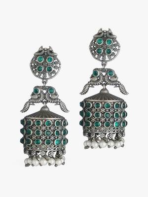 Women silver plated green peacock oxidized handcrafted jhumki 2