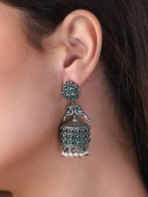 Women silver plated green peacock oxidized handcrafted jhumki 5