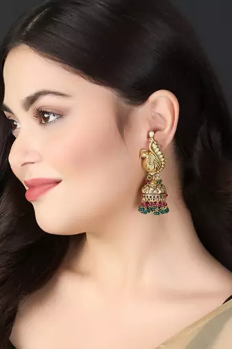 Women 24ct gold-plated peacock temple with pearl-tessel jhumka