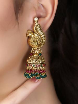 Women 24ct gold-plated peacock temple with pearl-tessel jhumka 3