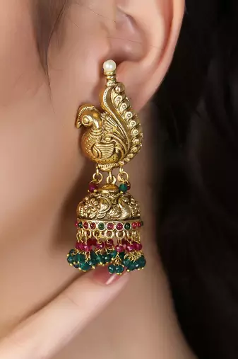 Women 24ct gold-plated peacock temple with pearl-tessel jhumka