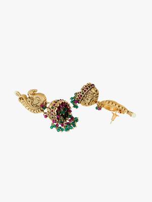 Women 24ct gold-plated peacock temple with pearl-tessel jhumka 4