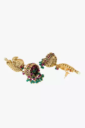 Women 24ct gold-plated peacock temple with pearl-tessel jhumka
