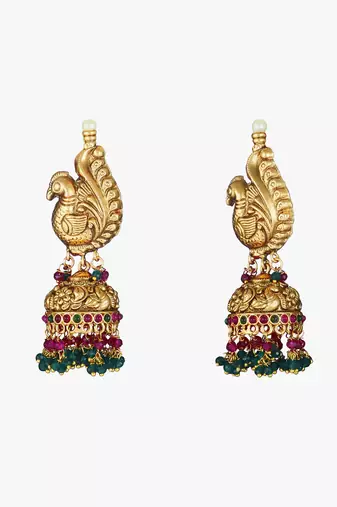 Women 24ct gold-plated peacock temple with pearl-tessel jhumka
