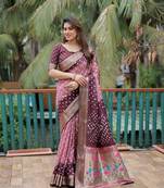 Indiatellme Dark Baby Pink and Brown Silk Jacquard Bandhni Saree with Blouse