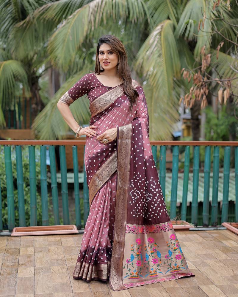 Indiatellme Dark Baby Pink and Brown Silk Jacquard Bandhni Saree with Blouse
