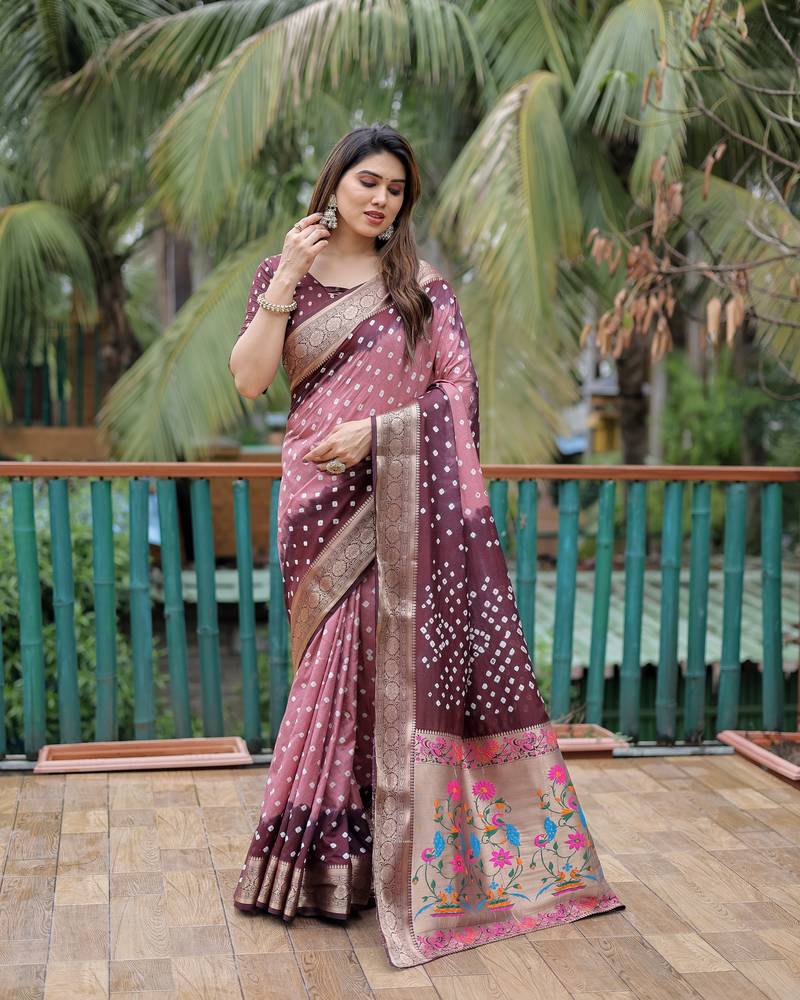 Indiatellme Dark Baby Pink and Brown Silk Jacquard Bandhni Saree with Blouse
