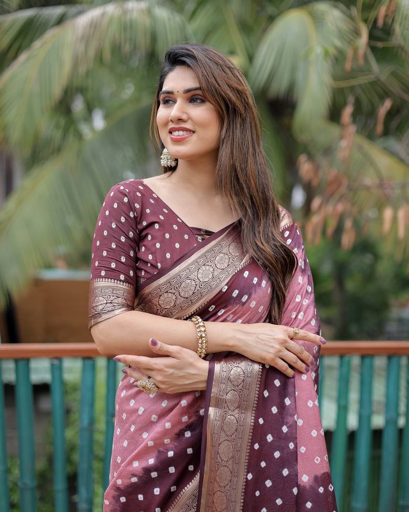 Indiatellme Dark Baby Pink and Brown Silk Jacquard Bandhni Saree with Blouse