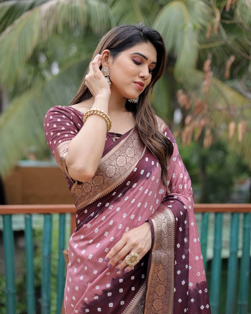 Indiatellme Dark Baby Pink and Brown Silk Jacquard Bandhni Saree with Blouse