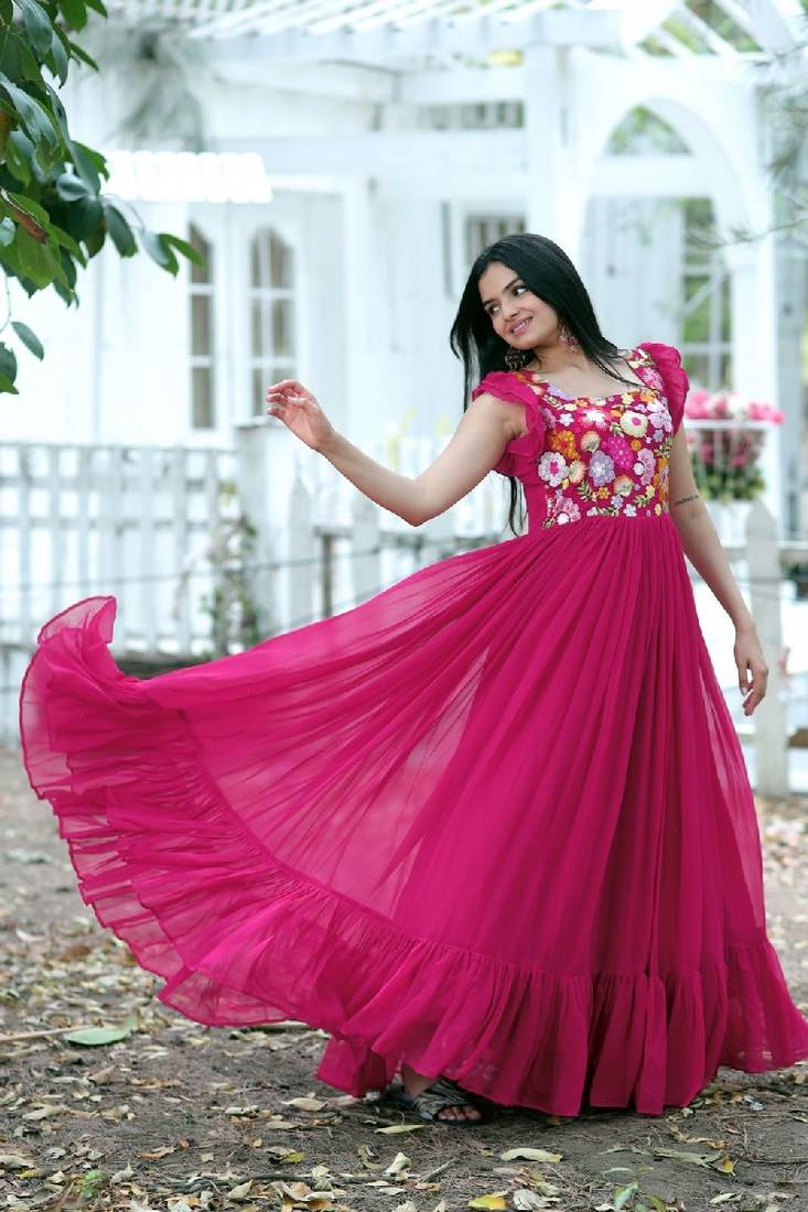 Pink Georgette With Sequins Multithreaded Embroidered work gown