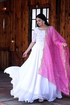Designer Pink Georgette Embroidered Gown With Dupatta 3