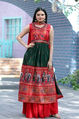 Green Dola Silk  Patola Designer Foil Print Hand Mirror Work Plazzo Suit 1
