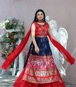 Navy Blue Dola Silk  Patola Designer Foil Print Hand Mirror Work Plazzo Suit