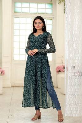 Green Faux Georgette with Bandhej Degital Print Nayra Cut Kurti 1