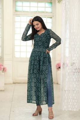 Green Faux Georgette with Bandhej Degital Print Nayra Cut Kurti 2