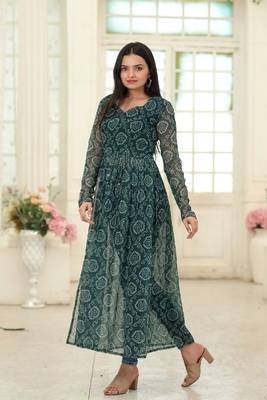 Green Faux Georgette with Bandhej Degital Print Nayra Cut Kurti 3