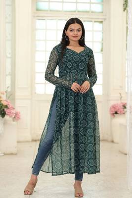 Green Faux Georgette with Bandhej Degital Print Nayra Cut Kurti 4
