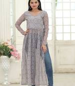 Grey Faux Georgette with Bandhej Degital Print Nayra Cut Kurti