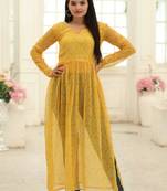 Yellow Faux Georgette with Bandhej Degital Print Nayra Cut Kurti