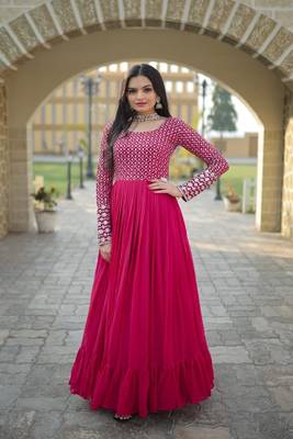 Pink Faux Blooming With Sequins-Multi Thread Embroidered Work Gown 1