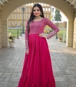 Pink Faux Blooming With Sequins-Multi Thread Embroidered Work Gown