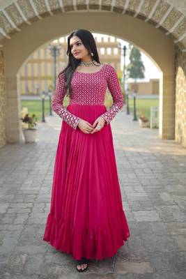 Pink Faux Blooming With Sequins-Multi Thread Embroidered Work Gown 2