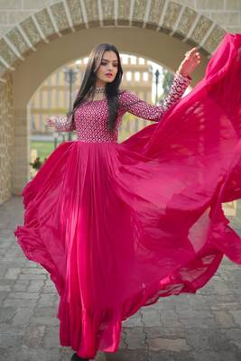 Pink Faux Blooming With Sequins-Multi Thread Embroidered Work Gown 3