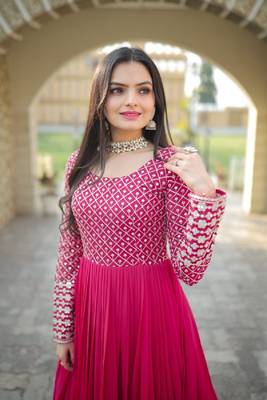 Pink Faux Blooming With Sequins-Multi Thread Embroidered Work Gown 4