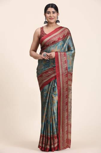  Kiira Blue  Printed Chiffon Art Sik Saree
