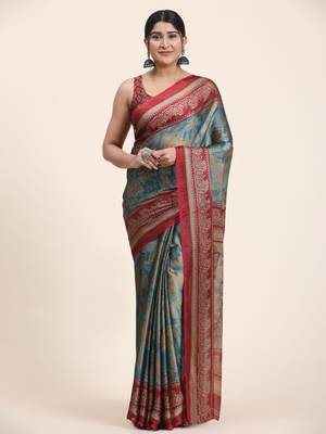  Kiira Blue  Printed Chiffon Art Sik Saree 1