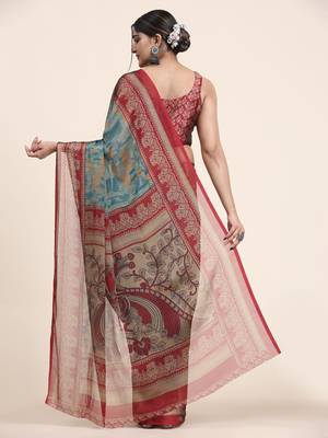  Kiira Blue  Printed Chiffon Art Sik Saree 2