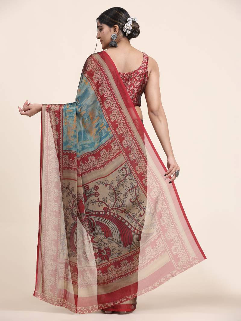  Kiira Blue  Printed Chiffon Art Sik Saree