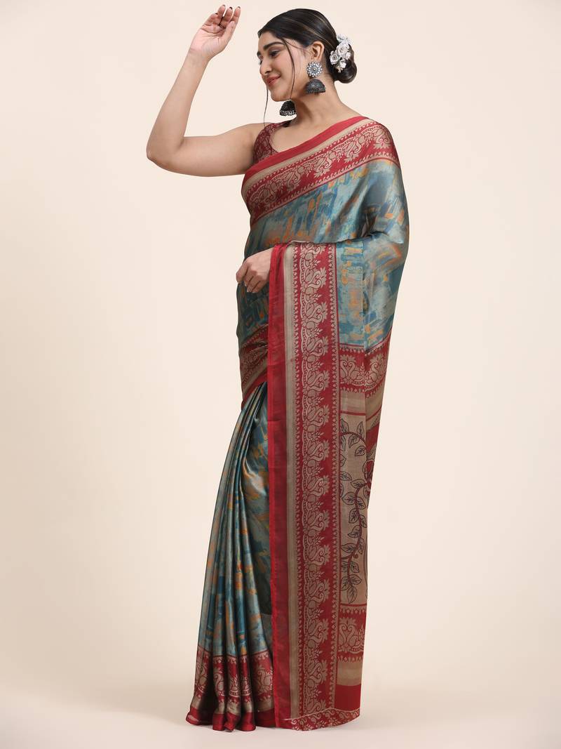  Kiira Blue  Printed Chiffon Art Sik Saree