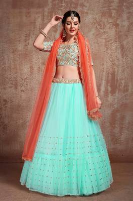 TURQUOISE SEQUINS THREAD & ZARI EMBROIDERED NET DESIGNER BRIDAL WEDDING & PARTY WEAR FESTIVAL SEMI STITCHED LEHENGA 1