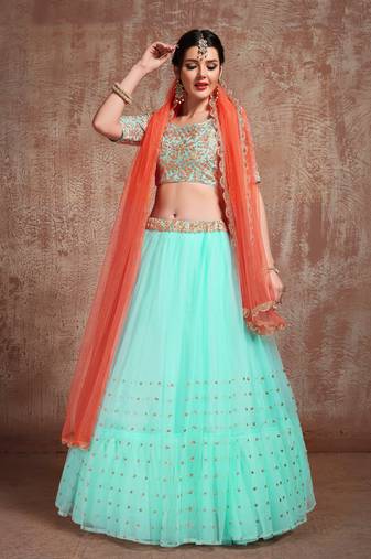 TURQUOISE SEQUINS THREAD & ZARI EMBROIDERED NET DESIGNER BRIDAL WEDDING & PARTY WEAR FESTIVAL SEMI STITCHED LEHENGA