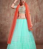 TURQUOISE SEQUINS THREAD & ZARI EMBROIDERED NET DESIGNER BRIDAL WEDDING & PARTY WEAR FESTIVAL SEMI STITCHED LEHENGA