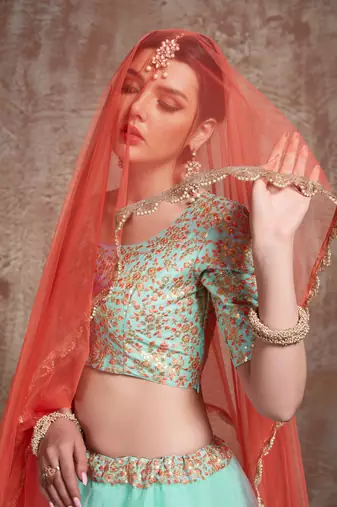 TURQUOISE SEQUINS THREAD & ZARI EMBROIDERED NET DESIGNER BRIDAL WEDDING & PARTY WEAR FESTIVAL SEMI STITCHED LEHENGA