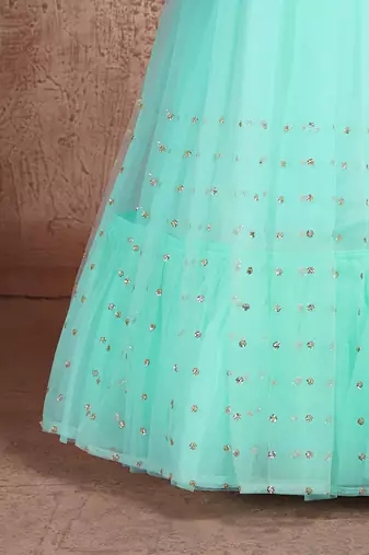 TURQUOISE SEQUINS THREAD & ZARI EMBROIDERED NET DESIGNER BRIDAL WEDDING & PARTY WEAR FESTIVAL SEMI STITCHED LEHENGA