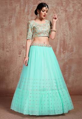 TURQUOISE SEQUINS THREAD & ZARI EMBROIDERED NET DESIGNER BRIDAL WEDDING & PARTY WEAR FESTIVAL SEMI STITCHED LEHENGA 4