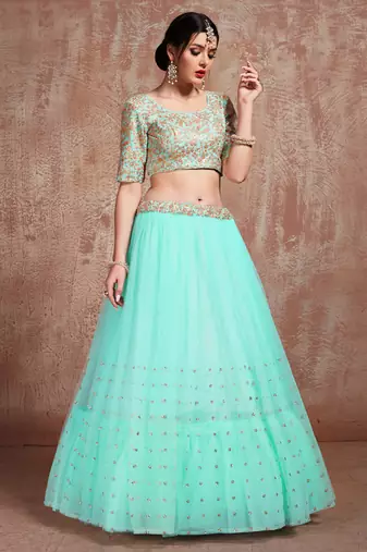 TURQUOISE SEQUINS THREAD & ZARI EMBROIDERED NET DESIGNER BRIDAL WEDDING & PARTY WEAR FESTIVAL SEMI STITCHED LEHENGA